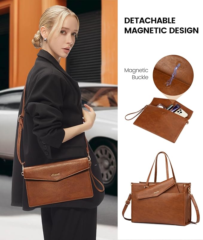 LOVEVOOK Laptop Bag for Women, 15.6'' Laptop Tote Purse 2-in-1 Professional Work Bag Business Briefcase with Clutch Purse, Waterproof Vintage Leather Computer Handbag for Teacher Office Travel