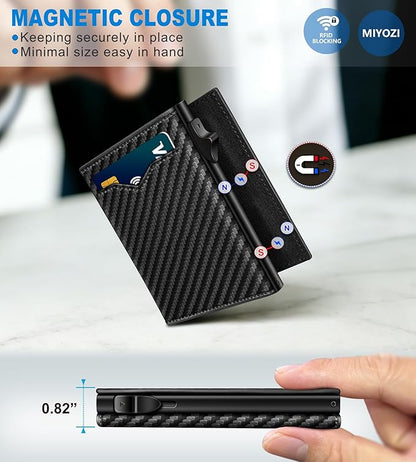 miyozi Wallet for Men,with Cash Pocket 2 ID Window 9-13 Cards,Metal Case Smart Slim Pop Up Credit Card Holder Flip with Magnetic Closure RFID Blocking Trifold wallet with Gift Box