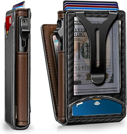 Genuine Leather Wallet for Men Slim Magnetic Flip Bifold with Money Clip and Metal Card Case Holds 9 Cards Ideal for Gifts and Daily Use (Black)