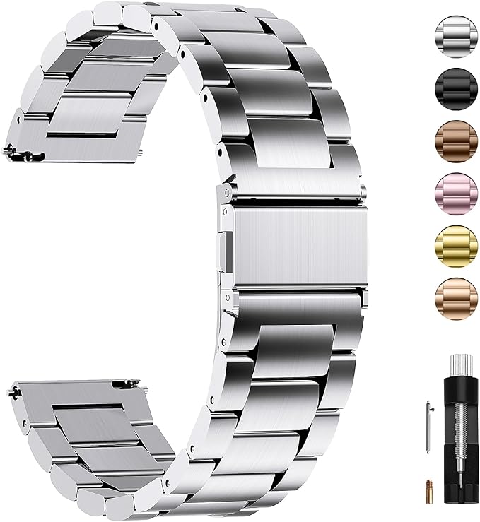 Fullmosa Stainless Steel Watch Band 16mm 18mm 19mm 20mm 22mm 24mm, Quick Release Metal Replacement Strap with Removable Links, Includes Spring Bars & Link Removal Tool for Men Women (22mm, Silver)