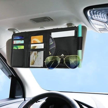 Car Sun Visor Organizer, Leather Pocket Organizer Sunglass Holder for Car Interior Accessories with Multi-Pocket Net Zipper (2 Pack Black)