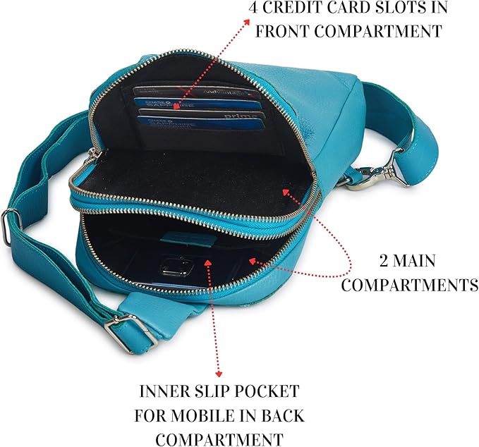 Leather Sling Bag for Women Genuine Crossbody Purse Small Trendy Cross Over Chest with Phone and Credit Card Slots (Air Blue Nappa)