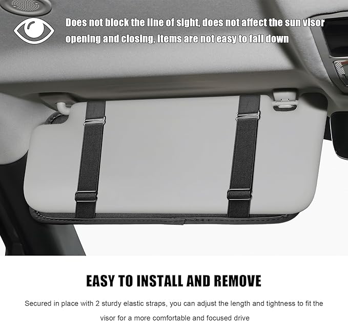 Car Sun Visor Organizer, PU Leather Multi-Pocket Visor Storage Pouch with Zipper, Auto Interior Document Holder Sunvisor Card Sleeve Pocket Organizer for Driving License Pen Key (Black)