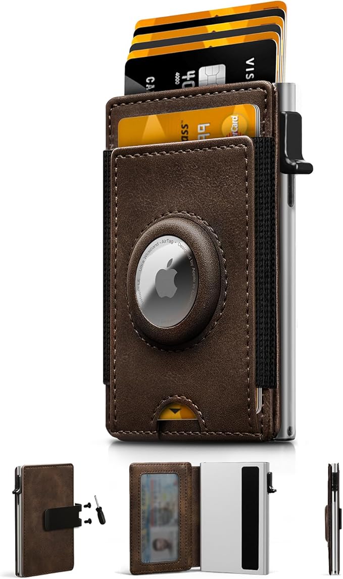 iwantit Slim Airtag Wallet for Men: Pop Up Bifold Wallet with Detachable Money Clip ID Window for Air Tag(1st & 2nd Generation) - RFID Blocking for 8-10 Cards Cash - Gift Box Included (Brown)