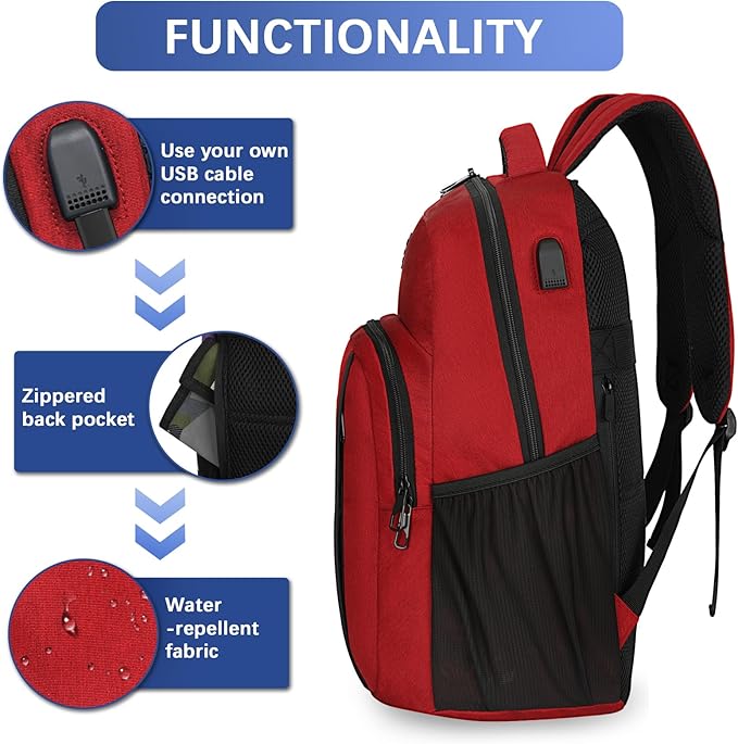 LARIPOP Carry On Backpack for Airplane, 17.3 Inch Laptop Backpack with USB Charging Port, Water Resistant Business Travel Backpack, Lightweight College School Bookbag Anti Theft for Men Women, Red