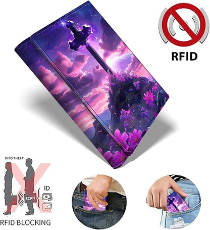 Flower Purple Minimalist Wallet for Men, Pop Up Card Case Wallet for Women, PU Leather Automatic Credit Card Holder Metal Money Clip Wallet RFID Blocking Bifold Pocket Wallet