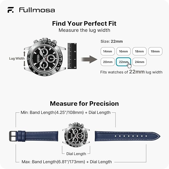 Fullmosa Watch Band, Quick Release Leather Watch Strap for Men Women, Replacement Bands Width 12mm 14mm 16mm 18mm 19mm 20mm 21mm 22mm 24mm