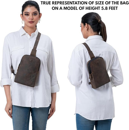 Leather Sling Bag for Women Genuine Crossbody Purse Small Trendy Cross Over Chest with Phone and Credit Card Slots (Cognac Crazy Horse)