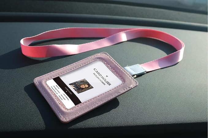 Leather ID Badge Holder,Slim Minimalist Elastic Credit Card Holder, Vertical Credit Card Holder for Men & Women with Neck Lanyard (Pink-C)