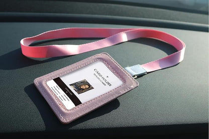 Leather ID Badge Holder,Slim Minimalist Elastic Credit Card Holder, Vertical Credit Card Holder for Men & Women with Neck Lanyard (Pink-C)