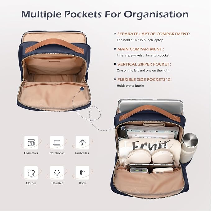 GOLF SUPAGS Stylish Laptop Backpack for Women Airline Approved Perfect for Work College and Travel Multi-Functional Casual Daypack Fits 15.6 Inch Notebook (Navy Blue)