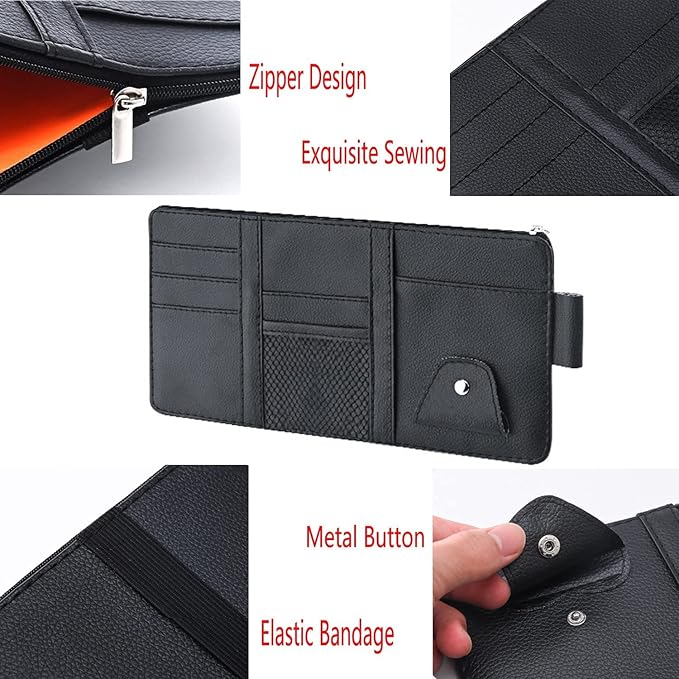 Black Leather Car Sun Visor Organizer, Sunglasses Holder for Car Sun Visor, Auto Visor Storage Document Holder with Multi Pocket