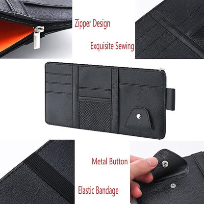 Black Leather Car Sun Visor Organizer, Sunglasses Holder for Car Sun Visor, Auto Visor Storage Document Holder with Multi Pocket