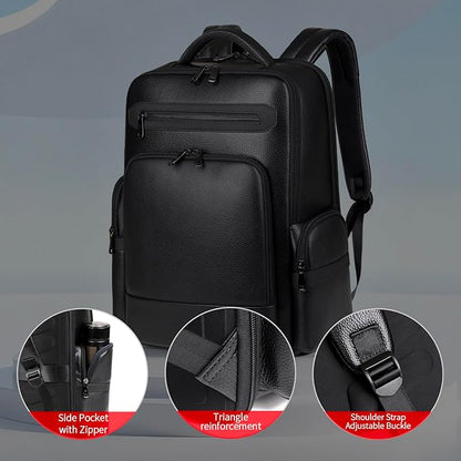 Genuine Leather Backpack for Men Business Black 15.6” Laptop with USB Charging Port Office Executive Mochila for Work Travel