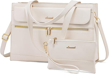 LOVEVOOK Laptop Bag for Women 15.6 Inch Tote Work Professional Leather Computer Briefcase Waterproof Handbag Shoulder Large Capacity Business Teacher Office Crossbody Purse, 206# Beige White