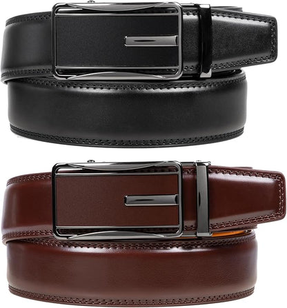 2 Pack Ratchet Belt 1 3/8", Mens leather Dress Belt in Gift Set Size 28"-62" Adjustable waist Trim to Fit