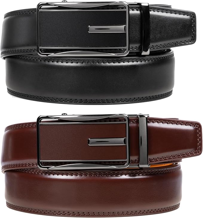2 Pack Ratchet Belt 1 3/8", Mens leather Dress Belt in Gift Set Size 28"-62" Adjustable waist Trim to Fit