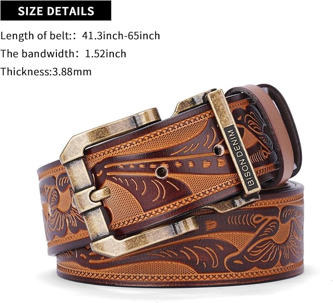 BISON DENIM Men's Genuine Leather Casual Belt, Classic Western Cowboy Dress Belts