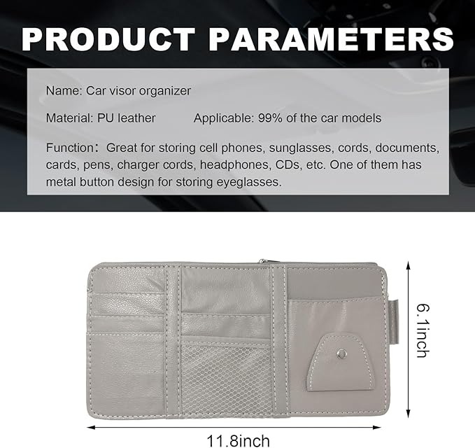 Ohleats Car Sun Visor Organizer, Multifunctional Visor Storage Holder for License Pen Key, Leather Card Cash Pouch with Multi-Pocket Net Zipper, Universal Interior Car Accessories (Gray)