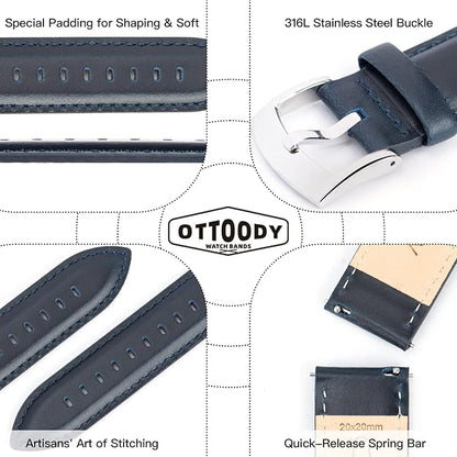 OTTOODY Leather Watch Bands Quick Release, Elegant Top Grain Leather Watch Straps for Men & Women, Choice of Color & Width - 18mm, 19mm, 20mm, 21mm or 22mm Wristbands Bracelet for Watch & Smartwatch