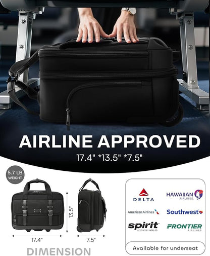 Rolling Laptop Bag, Briefcase for Men and Women, 16 Inch Computer Bag with Wheels Underseat Carry on Luggage, Laptop Briefcase Case for Work, Travel, College Teacher, Mobile Office Bag, Black