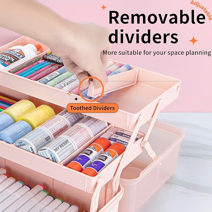 TERGOO 12.5in 3-Layer Multipurpose Craft Organizers and Storage with Adjustable Dividers, Portable Tackle Box, Folding Art & Craft Case for Medicine, Tool, Sewing Organizer (Pink)