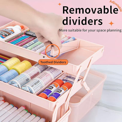 TERGOO 12.5in 3-Layer Multipurpose Craft Organizers and Storage with Adjustable Dividers, Portable Tackle Box, Folding Art & Craft Case for Medicine, Tool, Sewing Organizer (Pink)