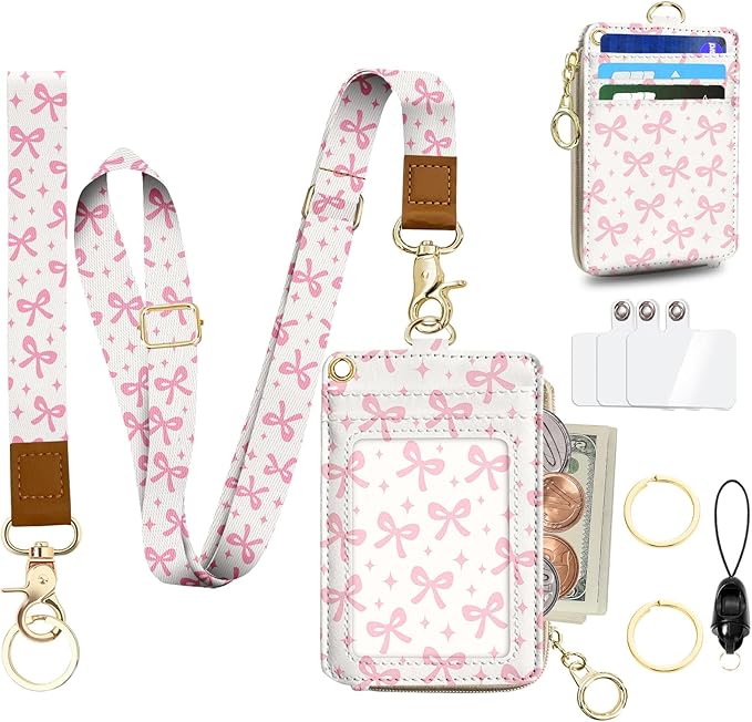Cute ID Badge Holder with Lanyard,Slots Keychain Phone Wrist Strap,RFID Blocking,Pink Bow Wallet Lanyard Card Holder Multiple Zip Id Case Wallet for Office School Business Security Staff