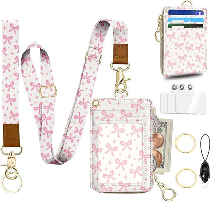Cute ID Badge Holder with Lanyard,Slots Keychain Phone Wrist Strap,RFID Blocking,Pink Bow Wallet Lanyard Card Holder Multiple Zip Id Case Wallet for Office School Business Security Staff