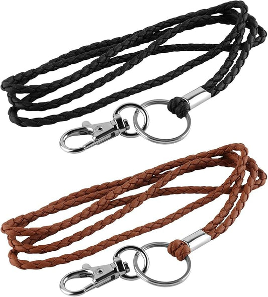 PLENTY Braided Leather Lanyard, 2PCS Handmade Strong Office Long Neck Strap with Clasp and Keychain for ID Badge and Keys