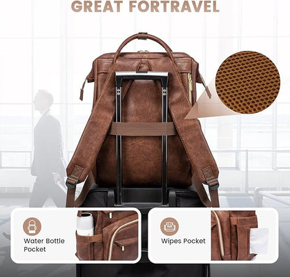 LOVEVOOK Leather Laptop Backpack for Women 17 inch, Travel Backpack Purse, Professional College Business Work Bag with USB Port, Red Brown