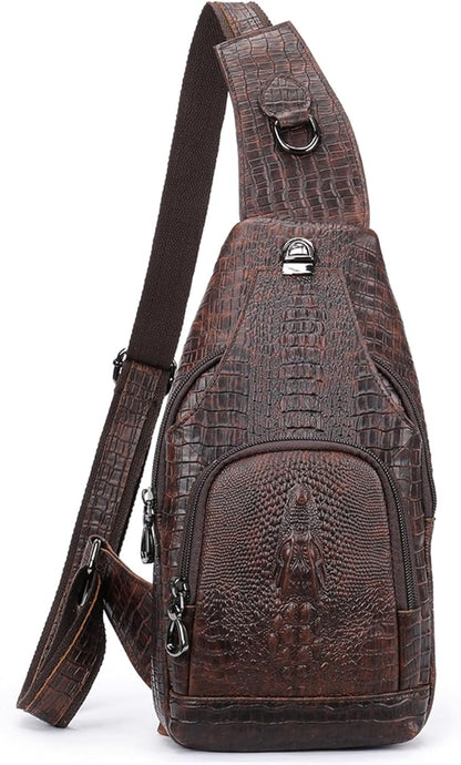 NIUCUNZH Crocodile Leather Sling Bag with Leather Strap, 3 Zipper Crossbody Shoulder Bags for Travel Hike Everyday Carry