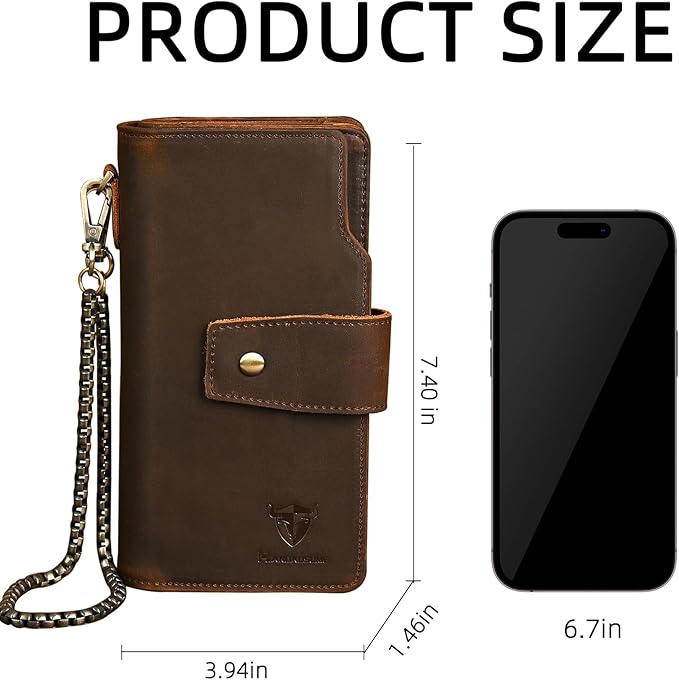 Genuine Crazy Horse Leather Travel Gift Coin Pocket Card Case Long Organizer Chain Rfid Wallet Purse With Snap For Men Male 1803 1815 (W-1820-Brown)