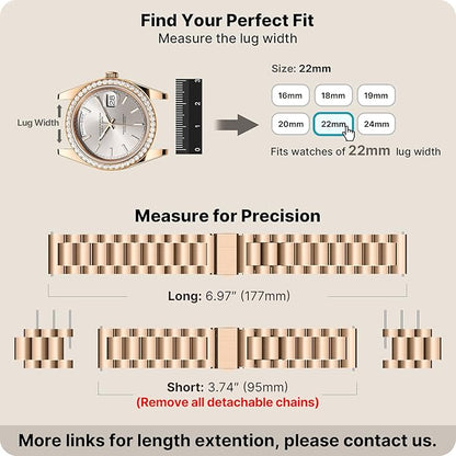 Fullmosa 22mm Stainless Steel Watch Band, Quick Release Metal Replacement Strap with Removable Links, Includes Spring Bars & Link Removal Tool for Men Women (Rose Gold)