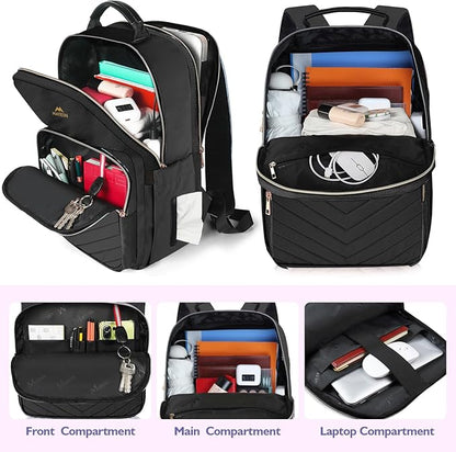 MATEIN Travel Laptop Backpack for Women, Large Water Resistant Nurse Teacher Bookbag, 17 Inch Computer Bag, Stylish Casual Daypack with Leather Handle, Perfect for Office Travel, Black