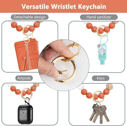 KNGITRYI Wallet Keychain Wristlet for Women,Slim RFID Credit Card Holder Purse Tassel Keychain Bangle Key Ring for Men Women