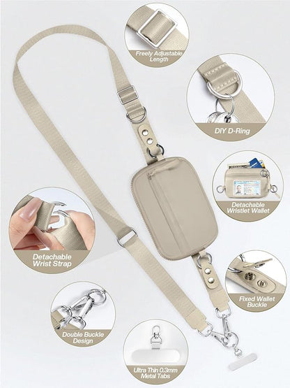 Tiostep Clip and Go Strap for Phone with Wallet Crossbody Phone Lanyard Adjustable and Detachable RFID Wristlet Wallet with ID Window and Zipper, Khaki