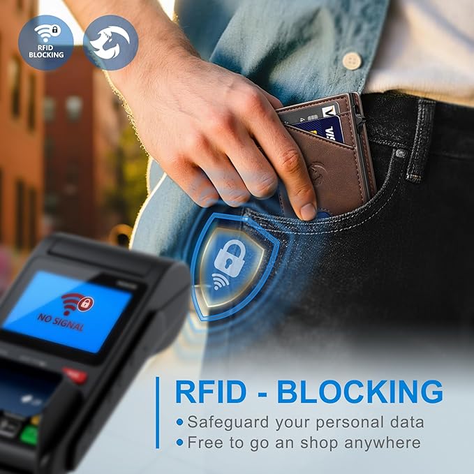 Wallet for Men, Slim Pop Up Card Holder with RFID Blocking, Minimalist Bifold Wallet with 9 Card Slots, ID Window and Cash Pocket, Metal Flip Case with Magnetic Closure, Gift Box