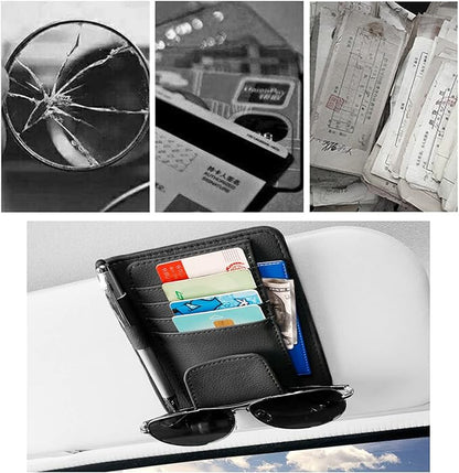 Black Small Car Sun Visor Organizer with Clip, Sunglasses Holders for Car Sun Visor PU Auto Interior Accessories Storage Travel Document Holder with Multi Pocket