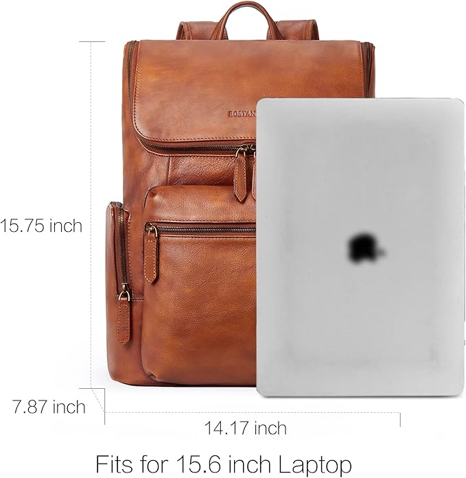 BOSTANTEN Leather Backpack for Men 15.6 inch Laptop Backpack Vintage Travel Office Bag Large Capacity Shoulder Bag Redbrown