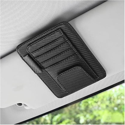 Car Sun Visor Organizer, PU Leather Vehicle Visor Document Storage Pocket for Sunglass Card Pen, Multifunctional Automotive Interior Holder Accessories, Universal Fit (Carbon Black)
