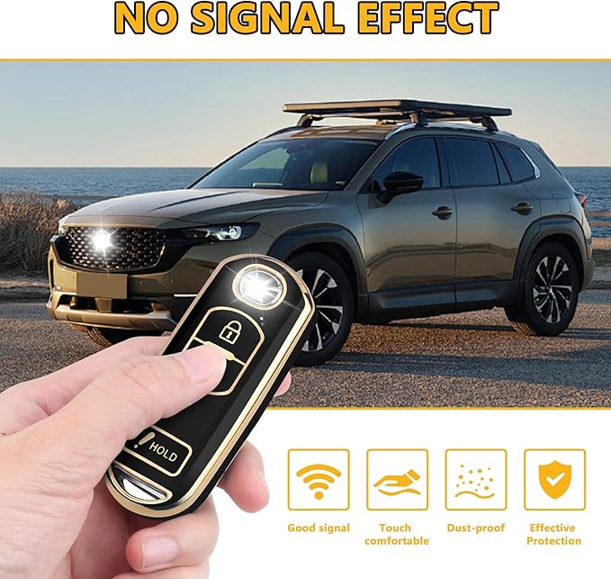 FT FUNTOR for Mazda Key Fob Cover,3 Buttons TPU Key Cover with Golden Edge,Compatible with Mazda 3 6 CX-3 CX-5 CX-7 CX-9 with Keychain (A-Black)