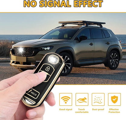 FT FUNTOR for Mazda Key Fob Cover,3 Buttons TPU Key Cover with Golden Edge,Compatible with Mazda 3 6 CX-3 CX-5 CX-7 CX-9 with Keychain (A-Black)