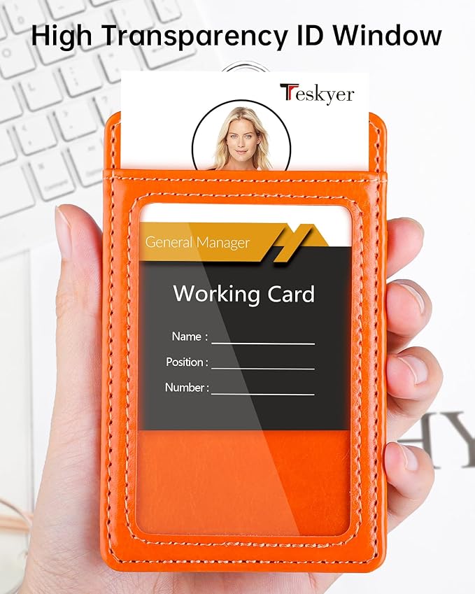 Teskyer Badge Holder with Lanyard, Leather ID Name Badge Card Holder with Lanyard for ID Badges, Vertical, Bright Orange