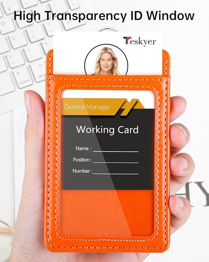 Teskyer Badge Holder with Lanyard, Leather ID Name Badge Card Holder with Lanyard for ID Badges, Vertical, Bright Orange