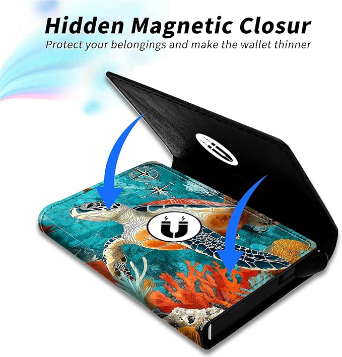 Minimalist Wallet for Men's Card Holders, Pop-Up Card Case Durable Wallets for Women, Leather Automatic Credit Card Holder with Metal Money Clip RFID Blocking Bifold Pocket, Blue Sea Turtle