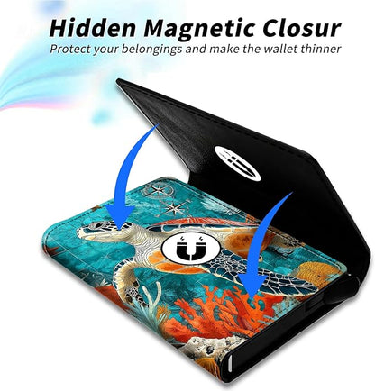 Minimalist Wallet for Men's Card Holders, Pop-Up Card Case Durable Wallets for Women, Leather Automatic Credit Card Holder with Metal Money Clip RFID Blocking Bifold Pocket, Blue Sea Turtle