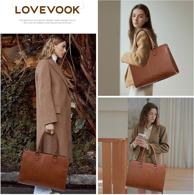 LOVEVOOK Laptop Tote Bag for Women, 17.3 Inch Large Capacity Vintage Leather Work Computer Bag, Business Casual Shoulder Handbag, Dark Brown