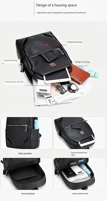 Business Men and Women PU Leather Backpack 15.6inch Laptop Waterproof Backpack Travel Commuter Lightweight schoolbag (Black backpack7,Large)