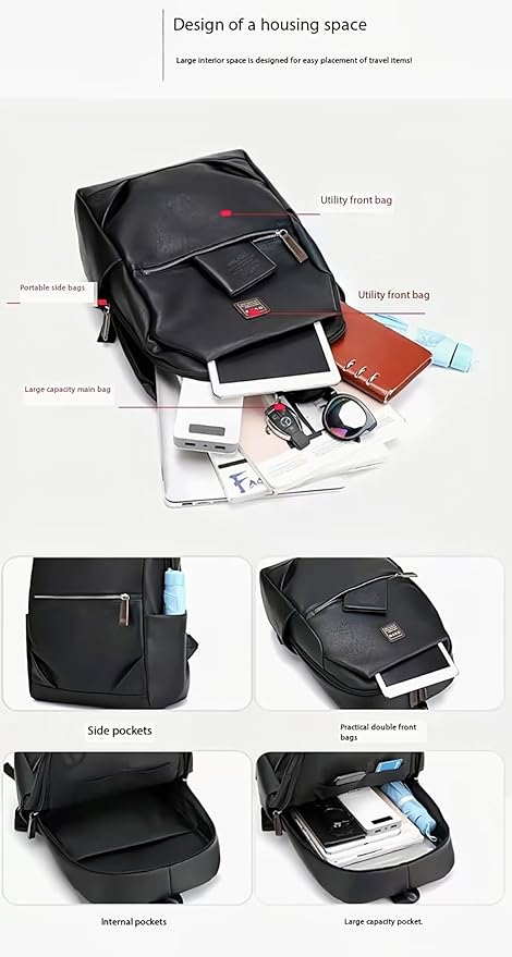 Business Men and Women PU Leather Backpack 15.6inch Laptop Waterproof Backpack Travel Commuter Lightweight schoolbag (Black backpack6,Large)